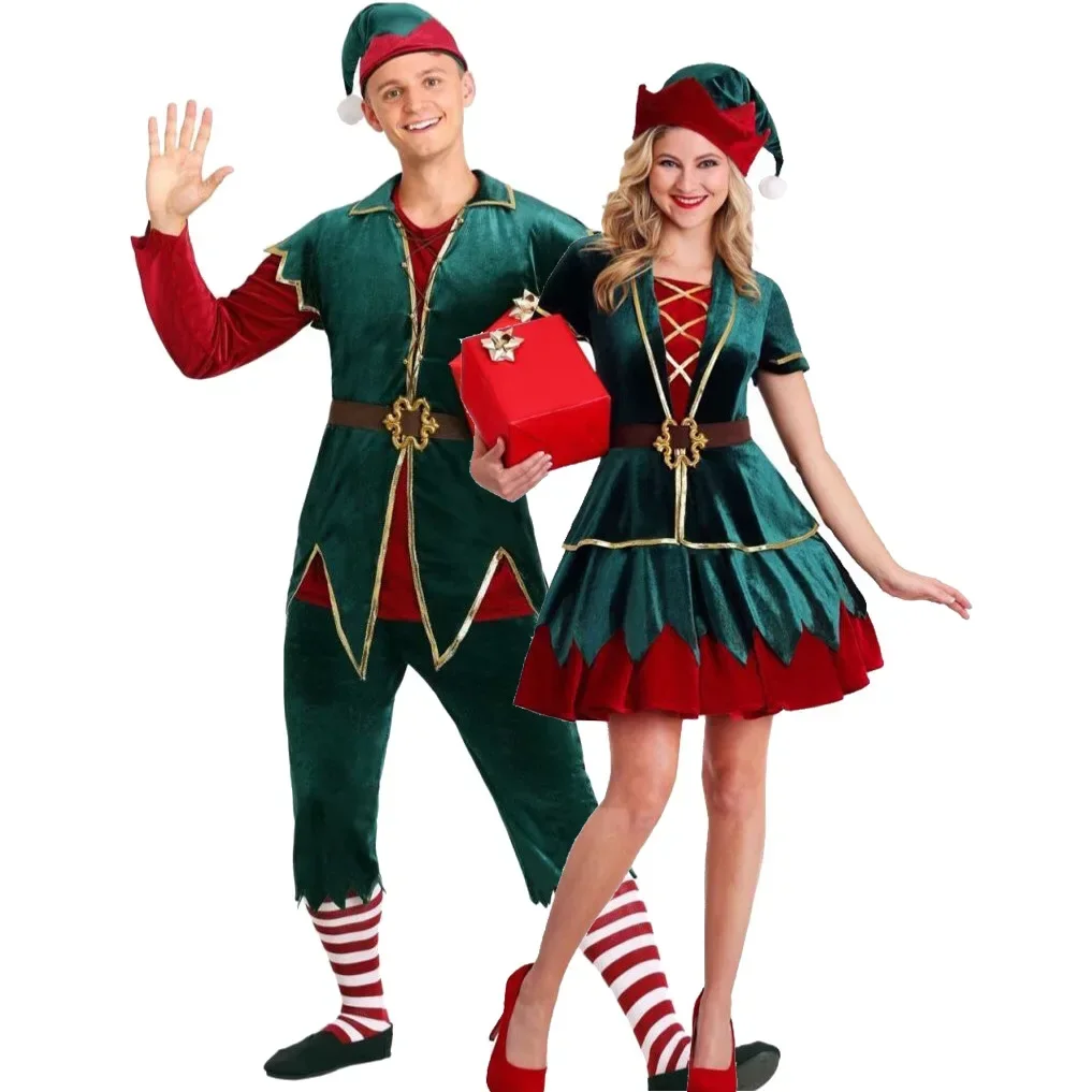 Deluxe Santa Claus Christmas Elf Costume Xmas Carnival Fancy Party Dress Green Couple Winter Warm Cosplay  Clothes