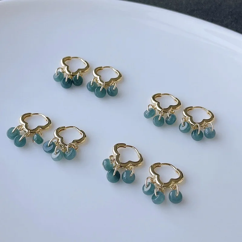 Chinoiserie Style Natural Blue Water Jade 14k Gold Lucky Cloud Fresh Earrings for Woman Party Cheongsam HanFu Birthday Gift