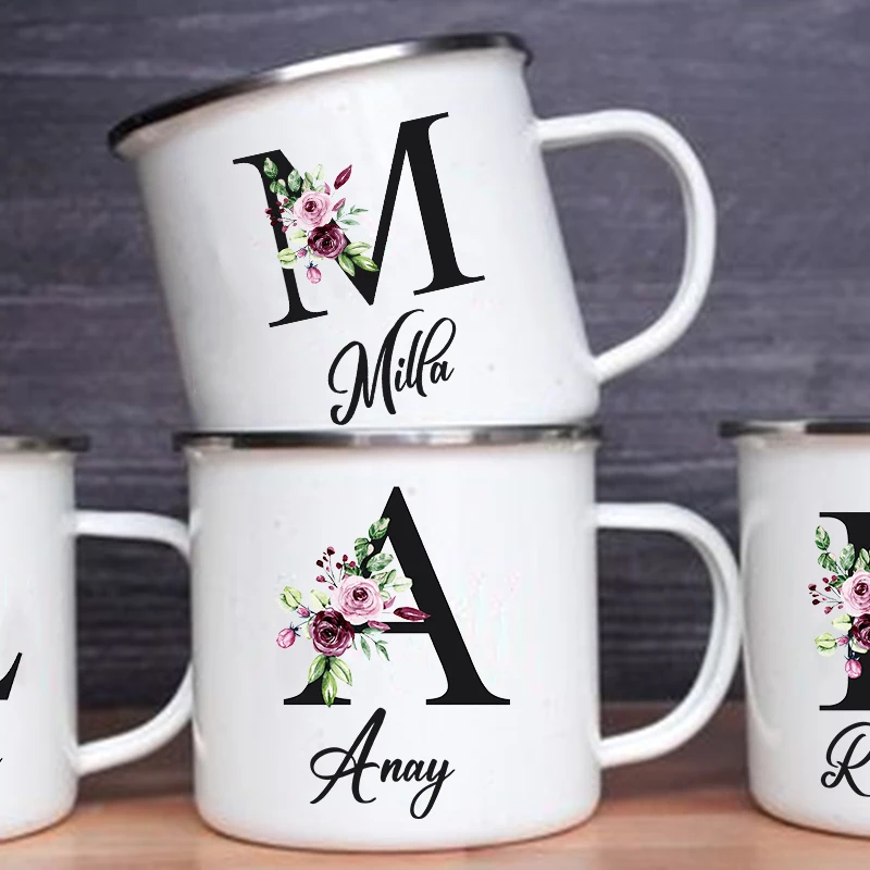 Personalized Custom Name Mugs Initial Letter+Name Cup Coffee Mug Bridesmaid Enamel Cups Engagement Wedding Bridal Shower Gifts