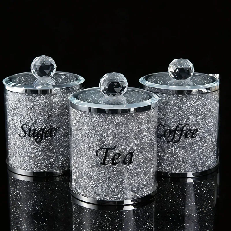 3pcs/lot High-end Home Decoration Ornaments Crystal Tea Coffee and Sugar Storage Glass Jars Crushed Diamonds Container Pot Set