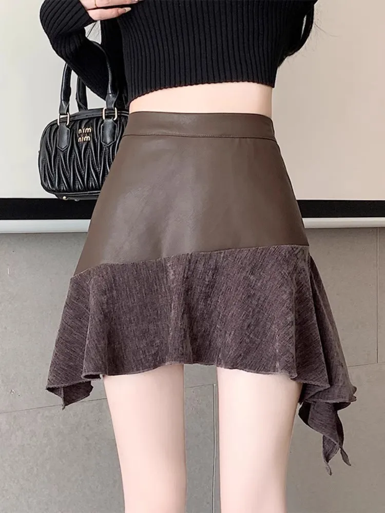 

2024 Retro PU leather midi skirt women autumn high-end feel and irregular ruffle edge patchwork short skirt DQ1446