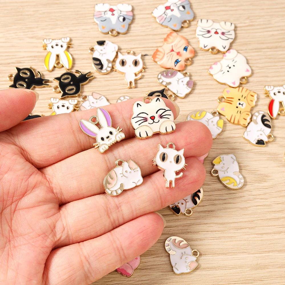 10 Stück Cartoon-Tieranhänger aus Emaille, Katzen- und Hasenanhänger für die Schmuckherstellung, Halsketten, Ohrringe, Armbänder, DIY-Bastelzubehör – Detail 2