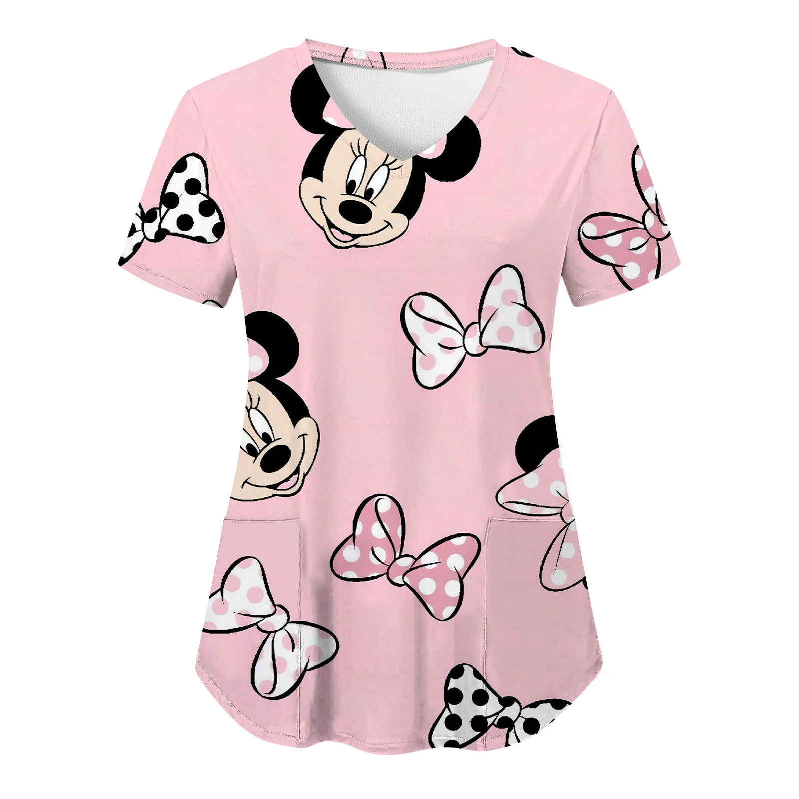 T-shirt à col en V Disney pour femmes, haut Minnie Mouse, chemises à poches, uniforme d'infirmière, t-shirts d'été, vêtements tu