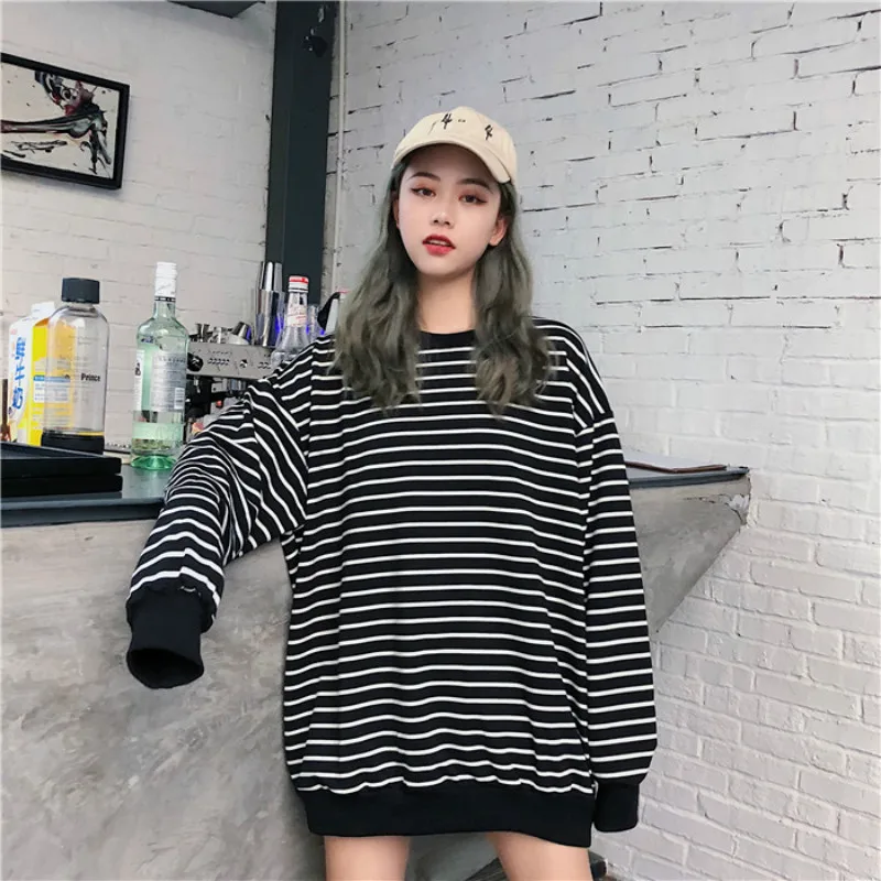 Sweatshirts Women All-match Striped Black Spring Autumn Korean Style Casual Hip Hop New Harajuku Ins Trendy Streetwear Vintage