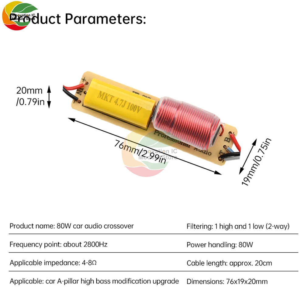 80W 2-way Frequency Divider HiFi High with Cable High-Low Frequency 2-way Crossover for Car Audio System Modification