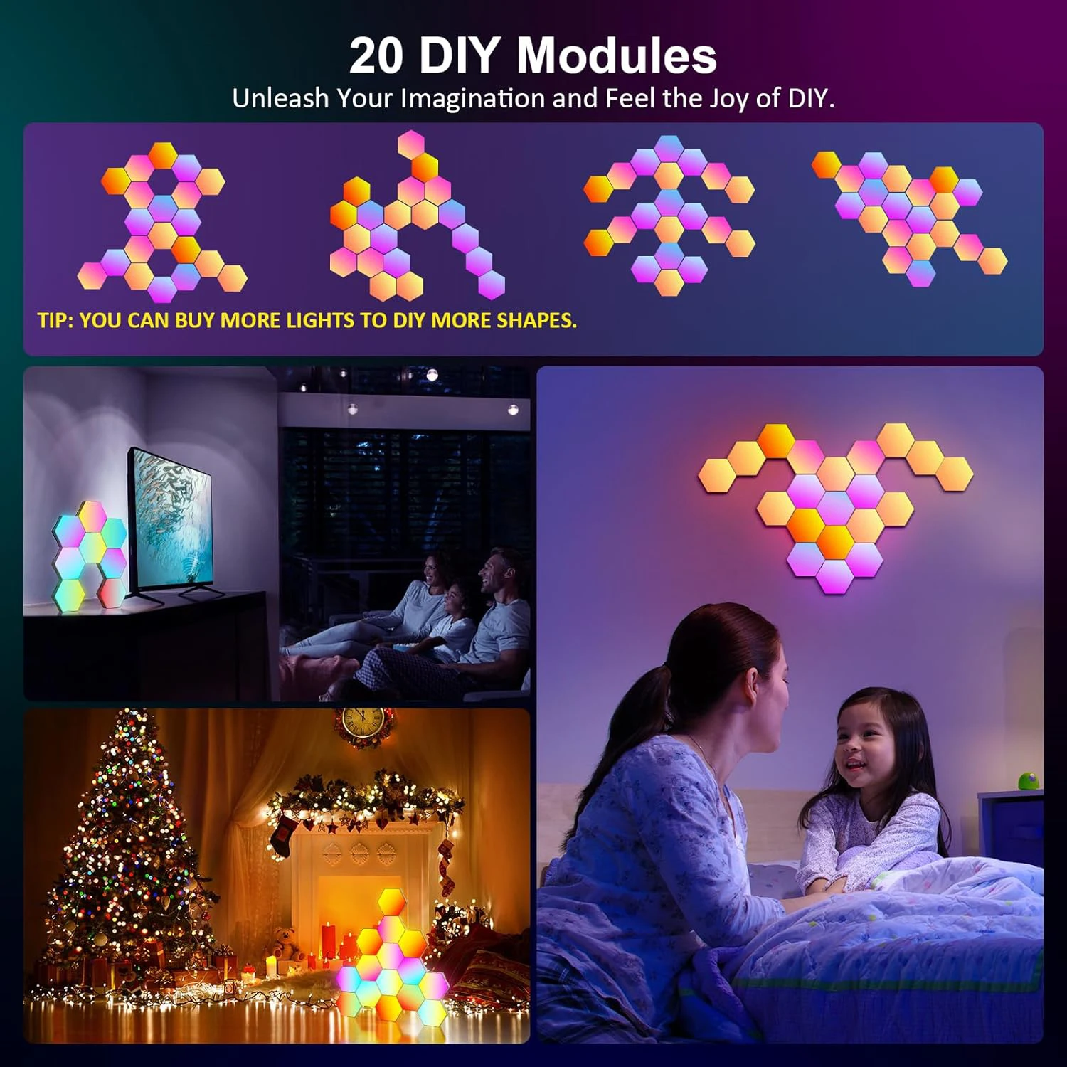 MeRGBW APP Intelligent Hexagonal Wall Lamp Color Changing Ambient Night Light Hexagonal Shape DIY Music Rhythm Game Room Bedroom