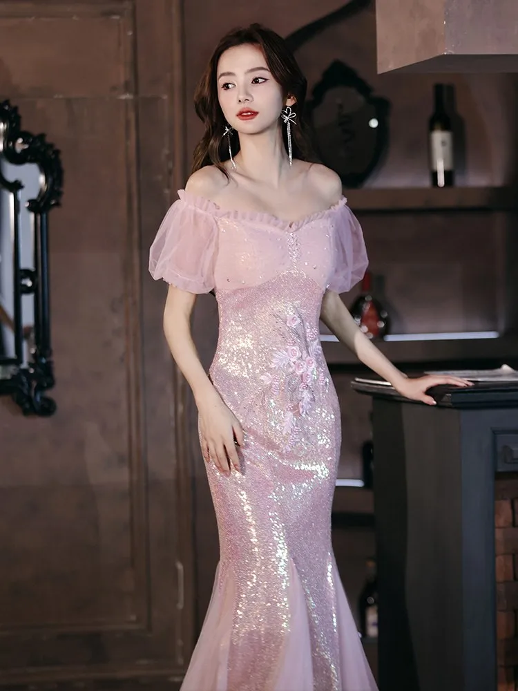 Fish-tail light luxury niche haute couture toasting host adult pink dress view 4