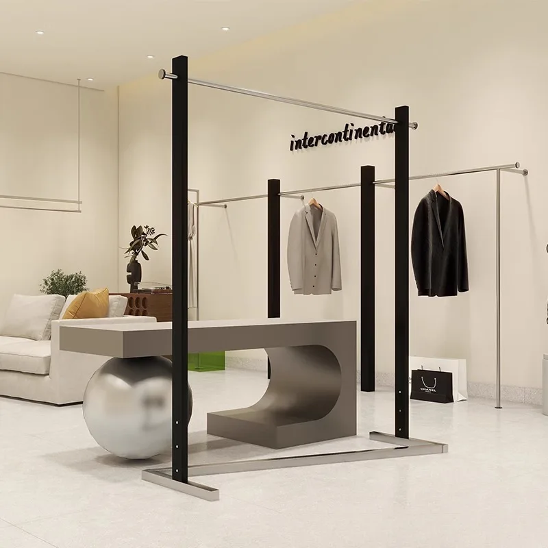 

Clothing store display rack Floor-to-ceiling premium black display rack Middle island rack Stainless steel hanger Side hanging w