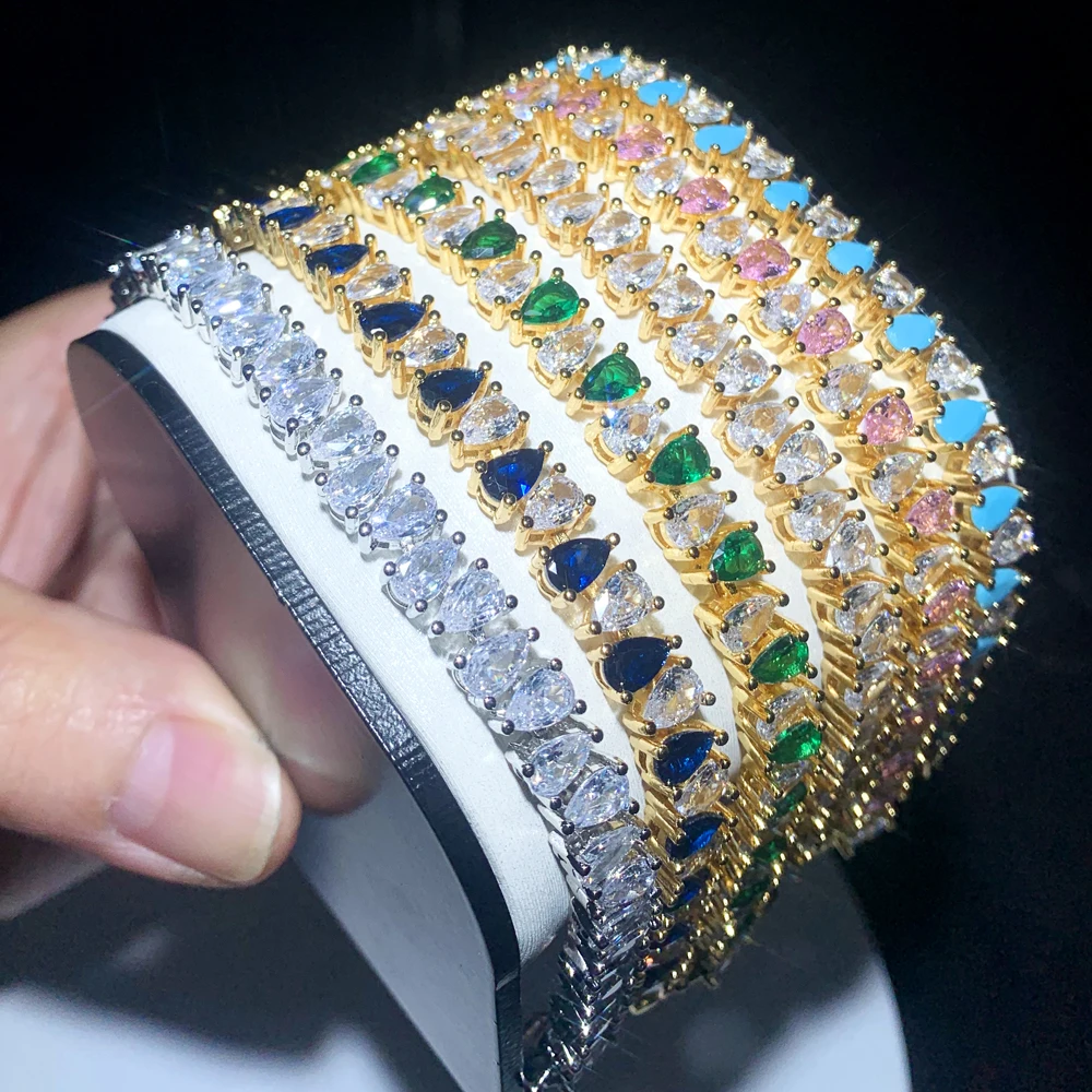 

2025 Geometric Water Drop Shaped Pink Green White Cubic Zirconia CZ Tennis Chain Bracelet for Women Gold Color Luxury Jewelry