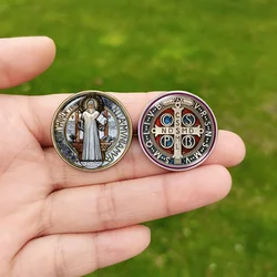 Religious Saint Benedict Brooch and Pins for Men Women Catholic Cross Pattern Glass Cabochon Backpack Shirt Badges