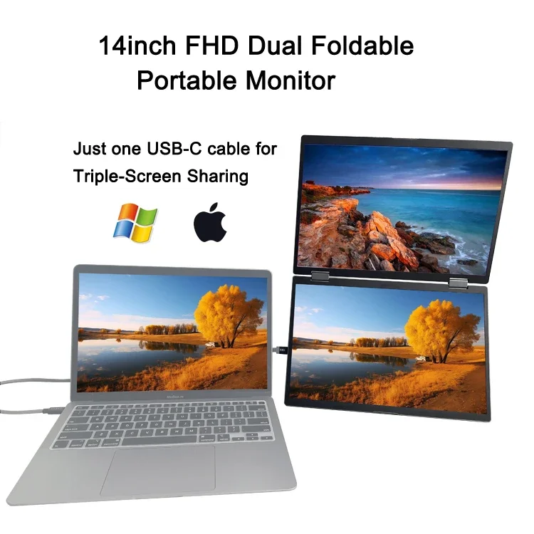 14 inch 1080p Laptop Screen Extender Dual Monitors H DMI USB-C Stacked Tripe Portable Monitor for Laptop Windows Mac