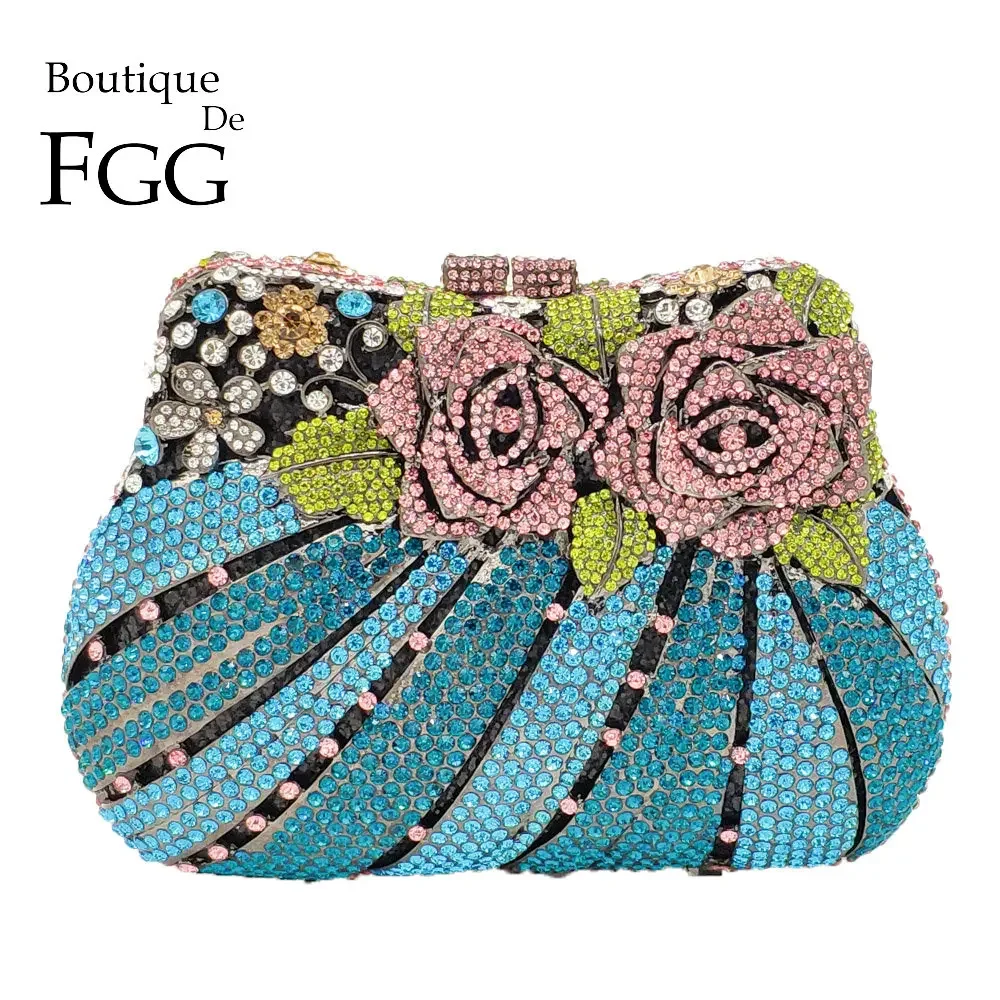 Boutique De FGG Colorful Women Blue Evening Bags and Clutches Wedding Party Dinner Rhinestone Minaudiere Handbags and Purses