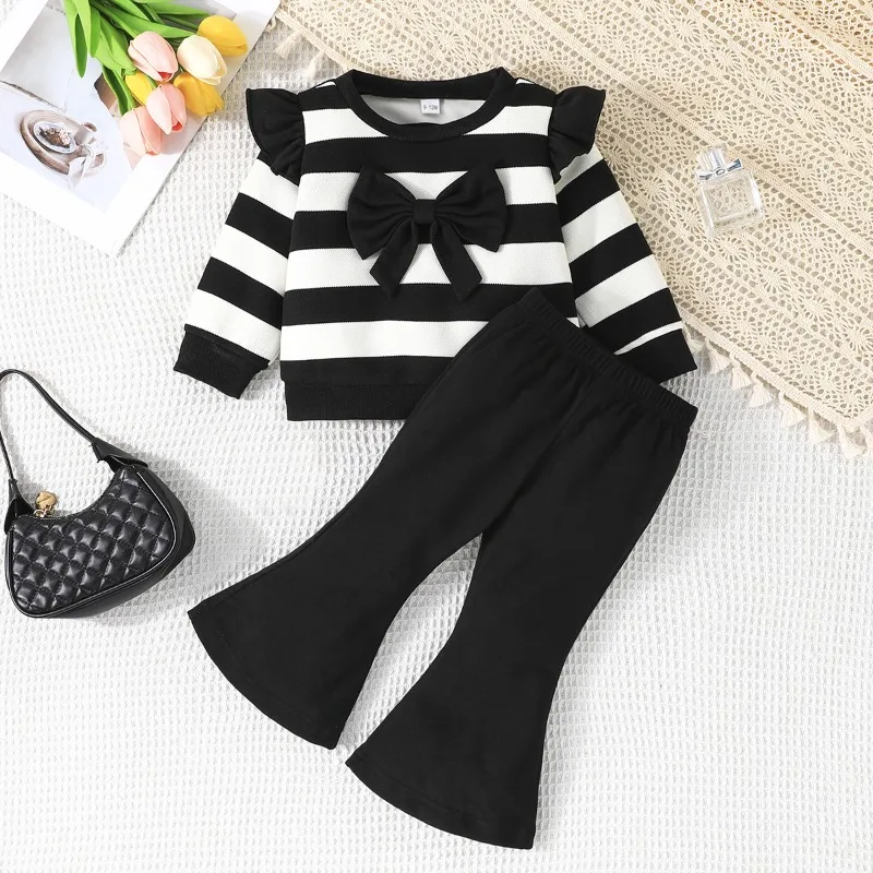 Girls' Long Sleeve Set Autumn and Winter New Girls' Large Lapel Pleated Stripe Top+Bell-bottoms Two Piece Girls' Set