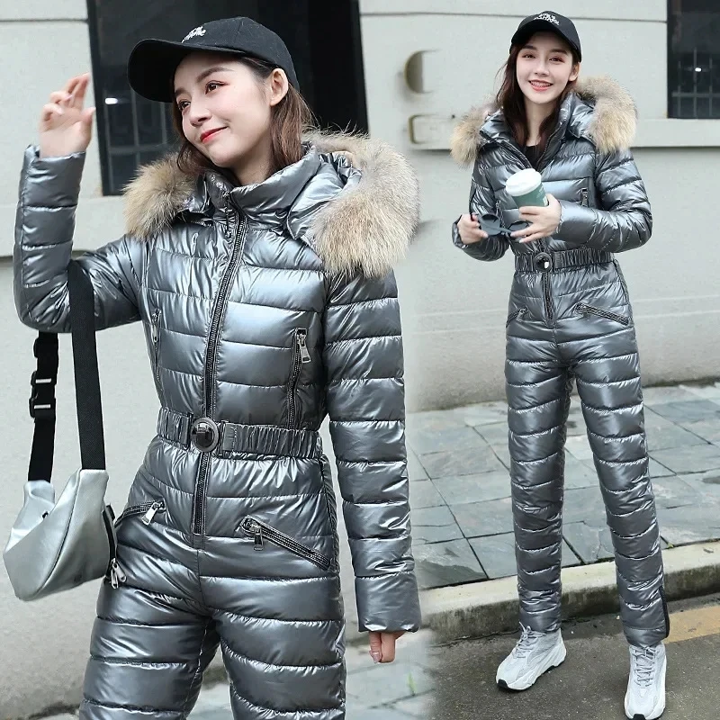 

Women's Zipped Stand Collar Hooded Warm Jumpsuits Winter Harajuku Street Parkas Jumpsuits Women Fashion Long Sleeve Slim Parkas