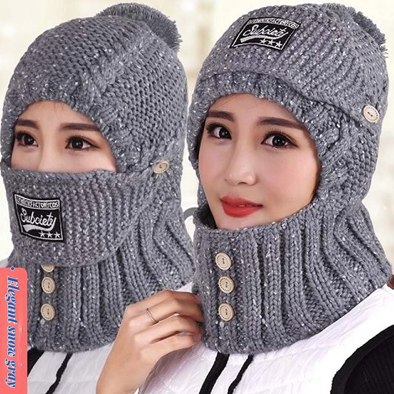 2022 New Winter Knitted Beanies Women Thick Warm Skullies Hat Female Balaclava Bonnet Outdoor Riding Solid Color Sets Wholesale