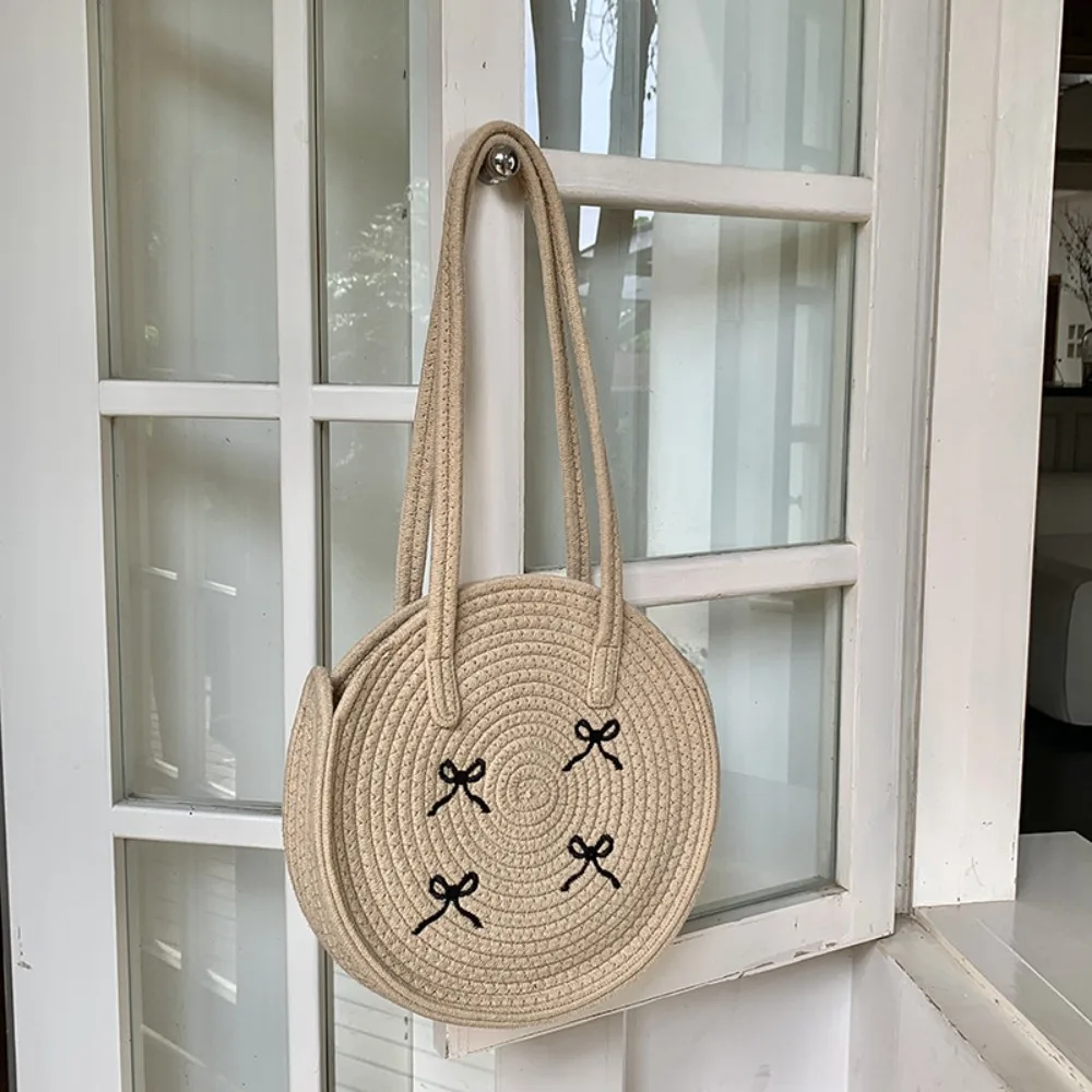 

Bohemian Round Straw Bag Embroidery Cotton Embroidered Bow Shoulder Bag Hollowed Out Large Capacity Weave Beach Bag Travel