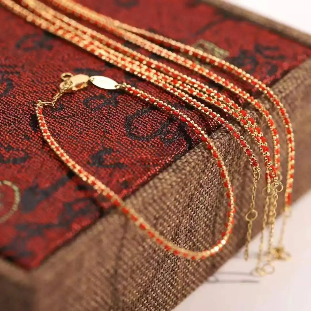 Real 18K Gold AU750 Red String Bracelet for Women Handmade Lucky Woven Gold Beads Fine Jewelry Anniversary Valentine's Day Gifts