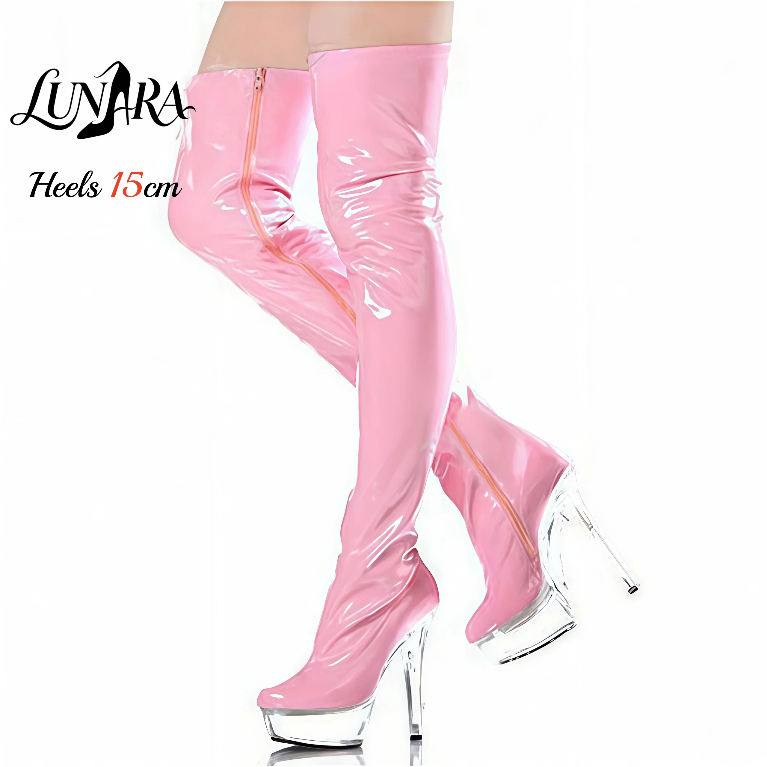 15cm/6Inch Pink Patent leather Overknees boots Side zipper Clear heels Stripper shoes Pole dancing Rave Nightclub Party Stage