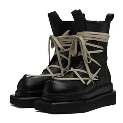Men High Top Shoes Platform Sneakers Leather Lace Up Zip Heels Luxury Vintage Trendy Designer Male Boots Black