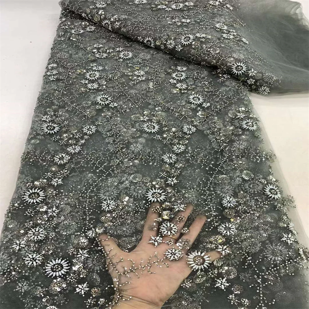 

African Luxury Tulle Lace Fabric 5yards 2024 New High Quality Nigerian Sequins Beads Tulle Lace Fabric For Wedding Dress Sewing
