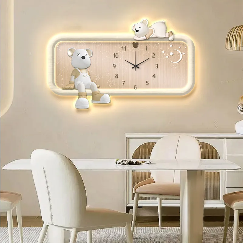 Cream Style Living Room LED Wall Clock Restaurant Cartoon Bear Decorative Painting Belt Clock Bedroom Mute Watch Home Decor Gift