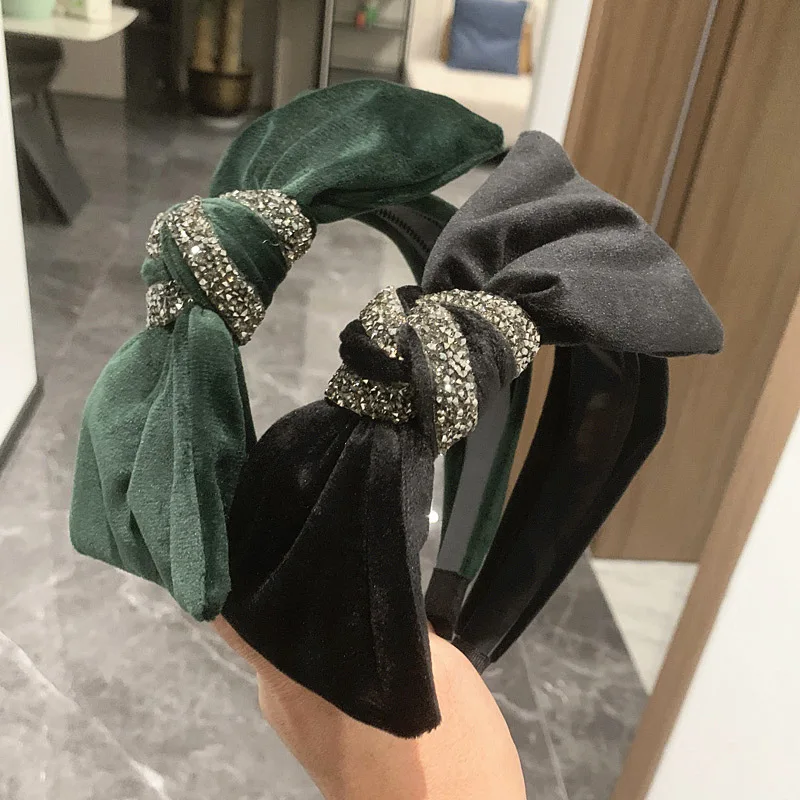 South Korea\'s High-end Flannel Hairband Handmade Diamond-studded Super Flash Luxury Big Bow Wide-brim Hair Band Ladies Headband