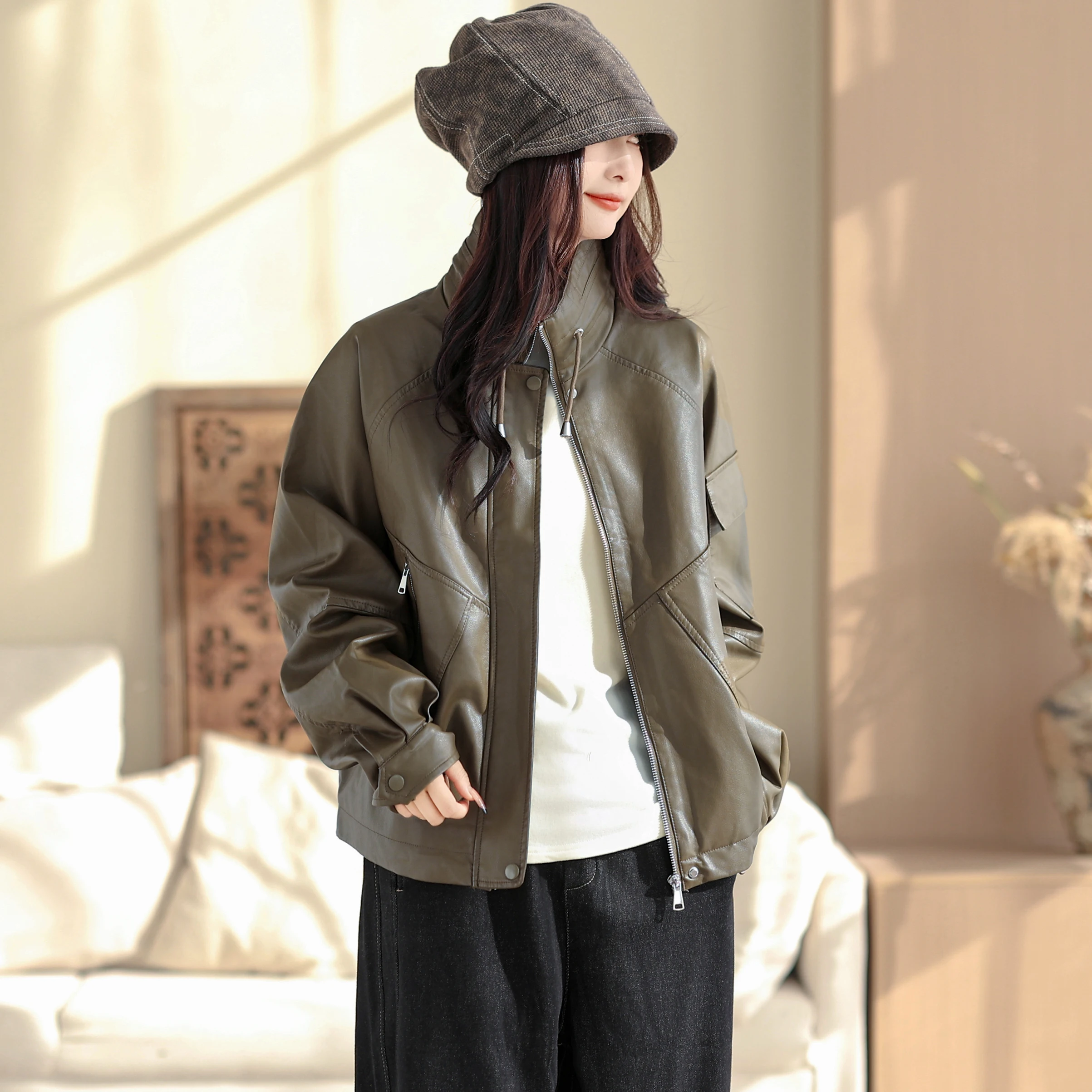 Giacca Casual da Donna in Pelle PU, Vestibilità Ampia, Nuova Moda Autunno Inverno, Design Semplice e Alla Moda per Giovani Donne