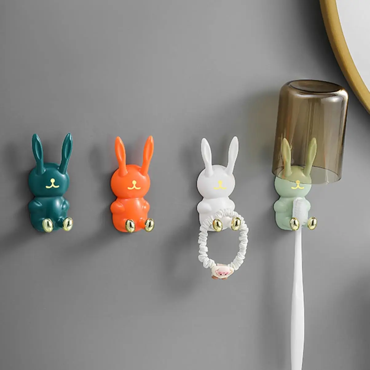 2Pcs Toothbrush Holders Rabbit Multi-Function Hook Wall Mounted Toothbrush Storage Rack Self-Adhesive Hook Bathroom Storage Rack