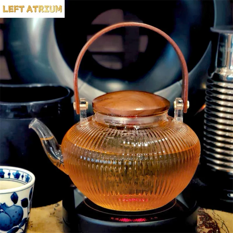 800ml Vertical stripes Wooden Beam Glass Teapot With Tea Infsuer  Boiling Puer Oolong Kung Fu Tea Set Health Flower Tea Maker