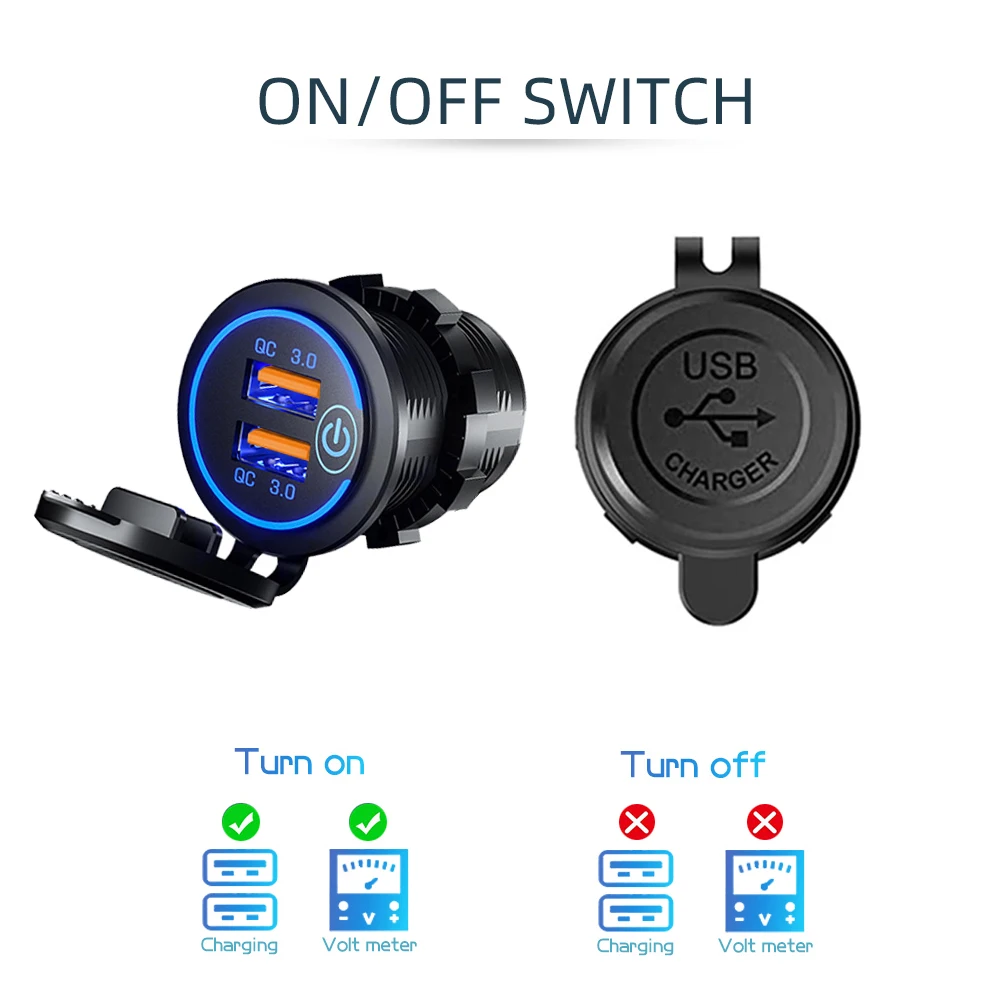 60W Quick Charge 3.0 Dual USB Car Charger Waterproof 12V/24V QC3.0 USB Fast Charger Socket Power Outlet with Touch Switch