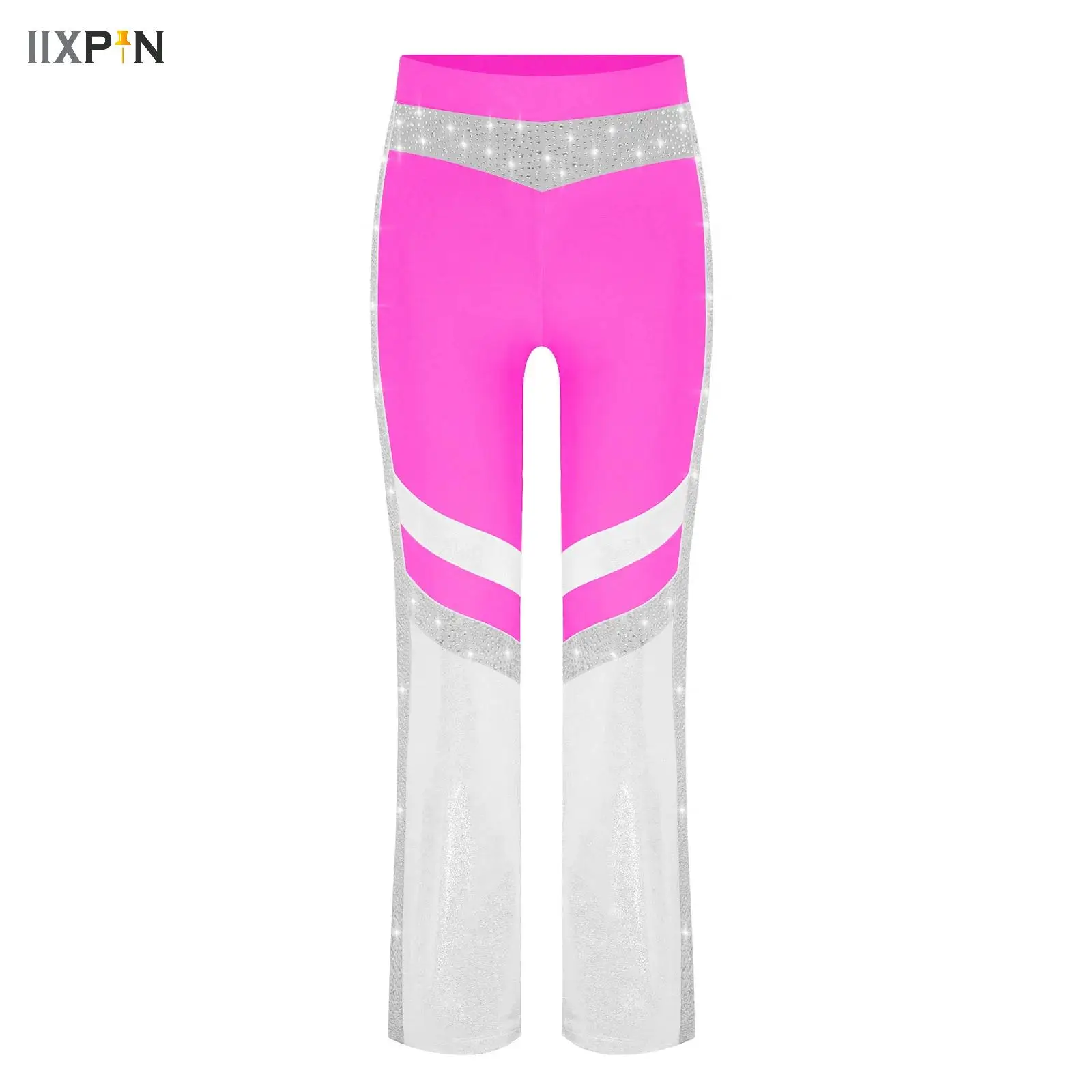 

Kids Girls Gymnastics Ballet Performance Latin Dance Costume Shiny Rhinestone Flared Pants Color Block Bell-Bottomed Trousers
