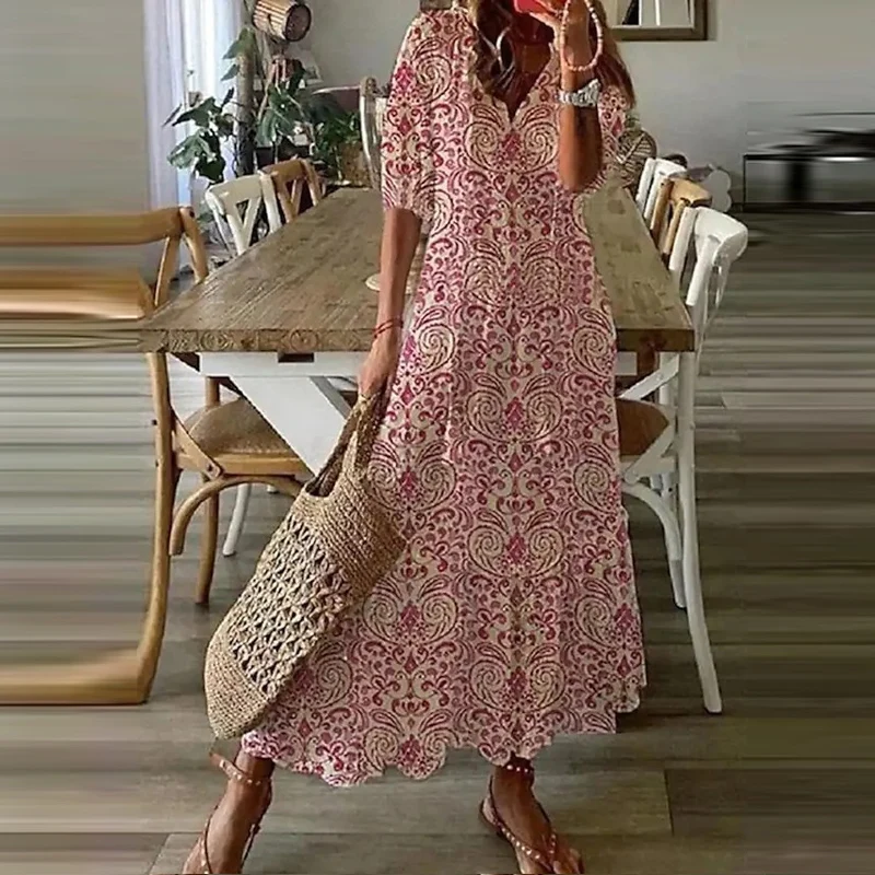 Vestido maxi solto com decote em v feminino, estampa floral, borda de lótus, vestido bohe, manga curta, linha A, vintage, elegante, casual, moda verão