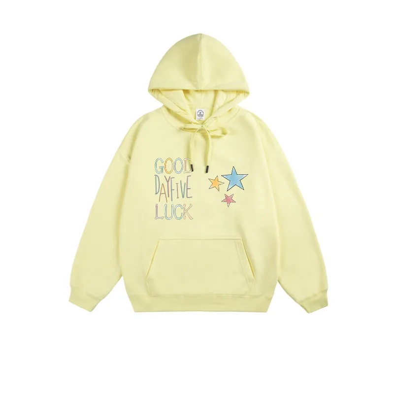 Otoño Invierno americano Retro Color sólido Top juventud Casual deportes colorido Lucky Star moda suelta cómoda suave Sudadera con capucha