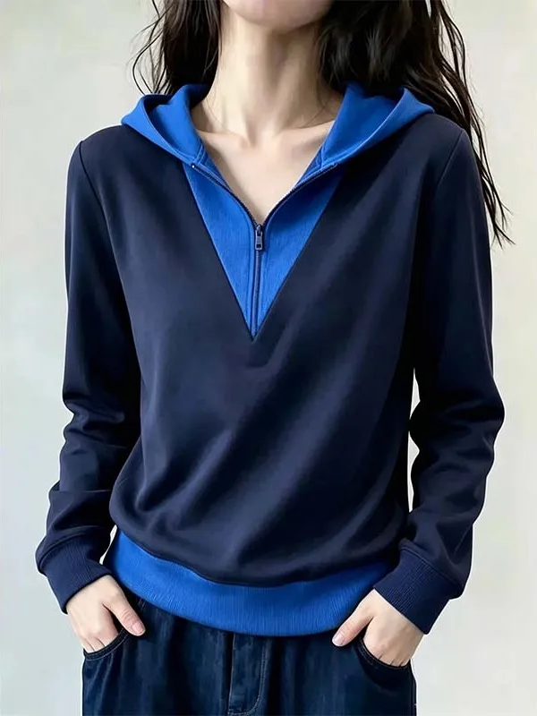 Women's Hoodie Sweatshirt Color Block Half Zipper Slimming Anti-Aging Design Casual Style Long Sleeve Polyester Fabric