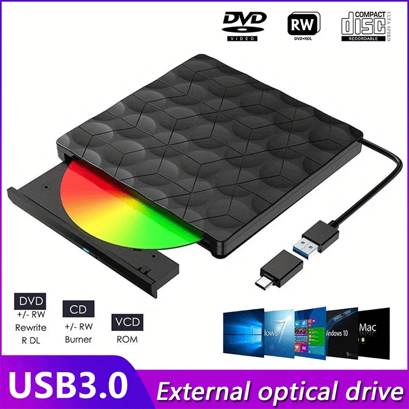 External CD ROM DVD Drive Optical Drive For Laptop Portable USB Disk,Compatible With Laptop Desktop PC Windows Linux OS Book Mac