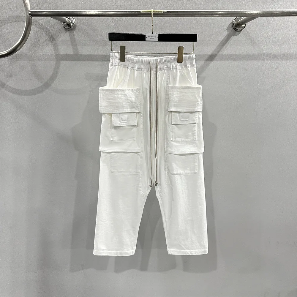 Owens Pants Streetwear Cotton Rick Trouser High Street Biker Cropped Slacks Fashion Double Loop Design Straight Leg RO Overalls