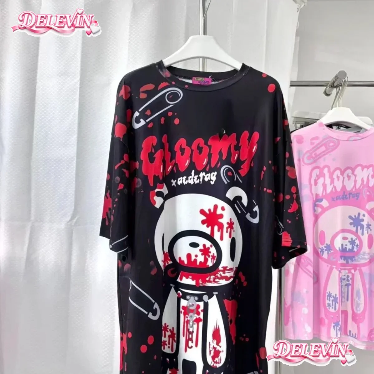 Subculture Black Red Splicing Color Cartoon Print Oversized Short-sleeve T-shirt Girls Punk Style Sweet Cool Goth Y2k Top Women