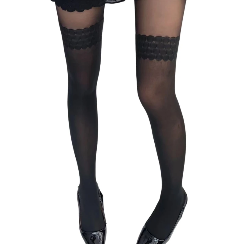 Frauen elegante Jacquard Patchwork Mock Hosenträger Strumpfhose Faux Oberschenkel hoch über knielangen Socken schiere schwarze Strumpfhosen Strümpfe