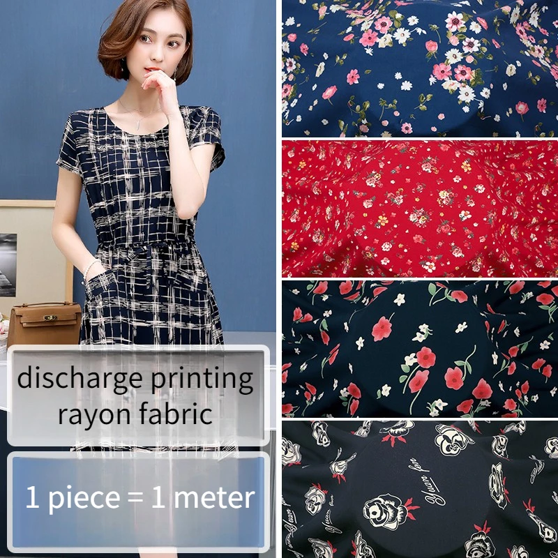 Discharge Printed Rayon Fabric By Meters for Dress Skirt Pajamas Clothes Bedding Sewing Summer Cloth Smooth Breathable Flower