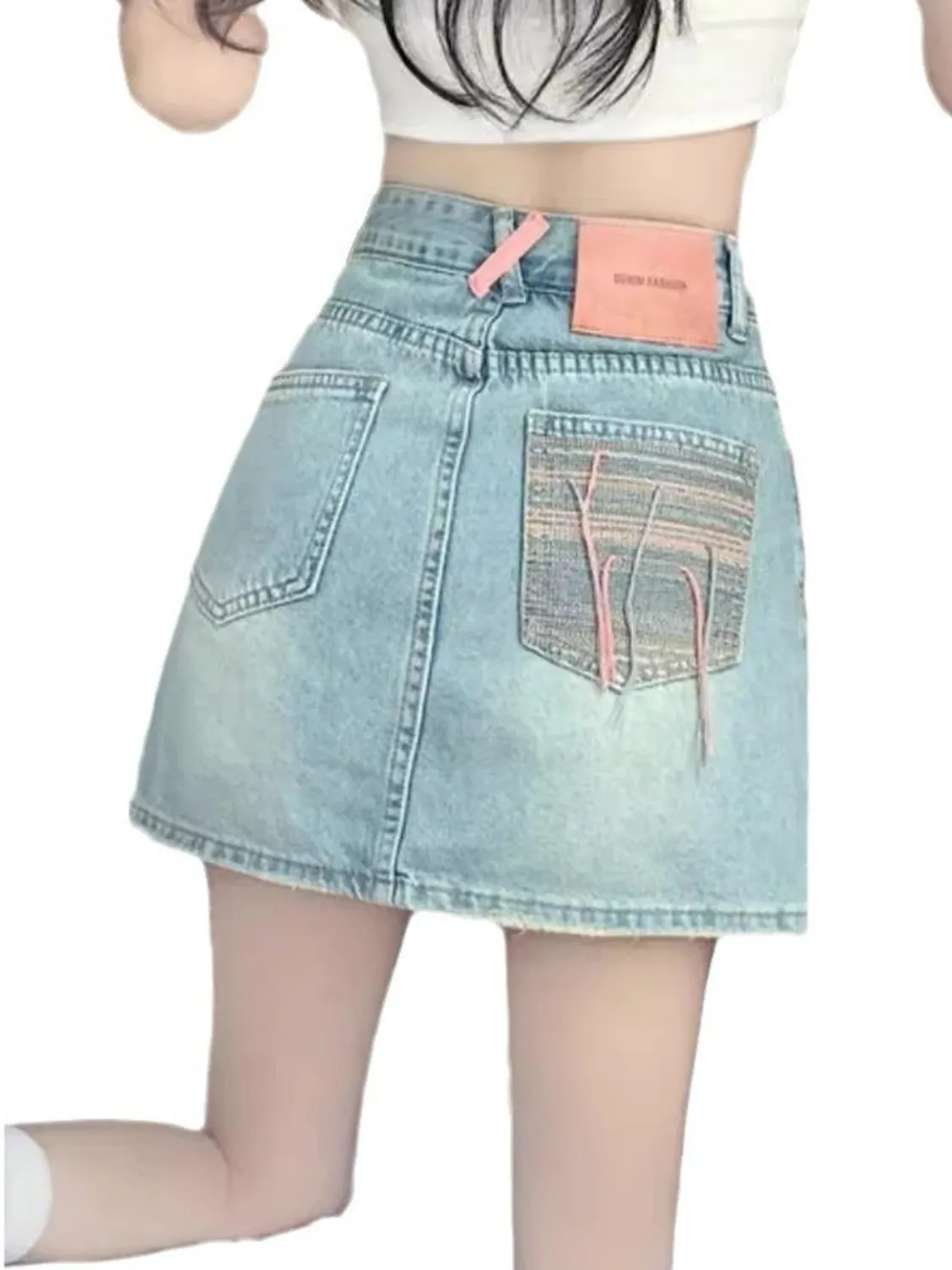 Women's Vintage Washed Denim Skort High Waist Contrast Pocket Skirt with Built-in Shorts Pink Webbing Detail Light Blue XS-3XL