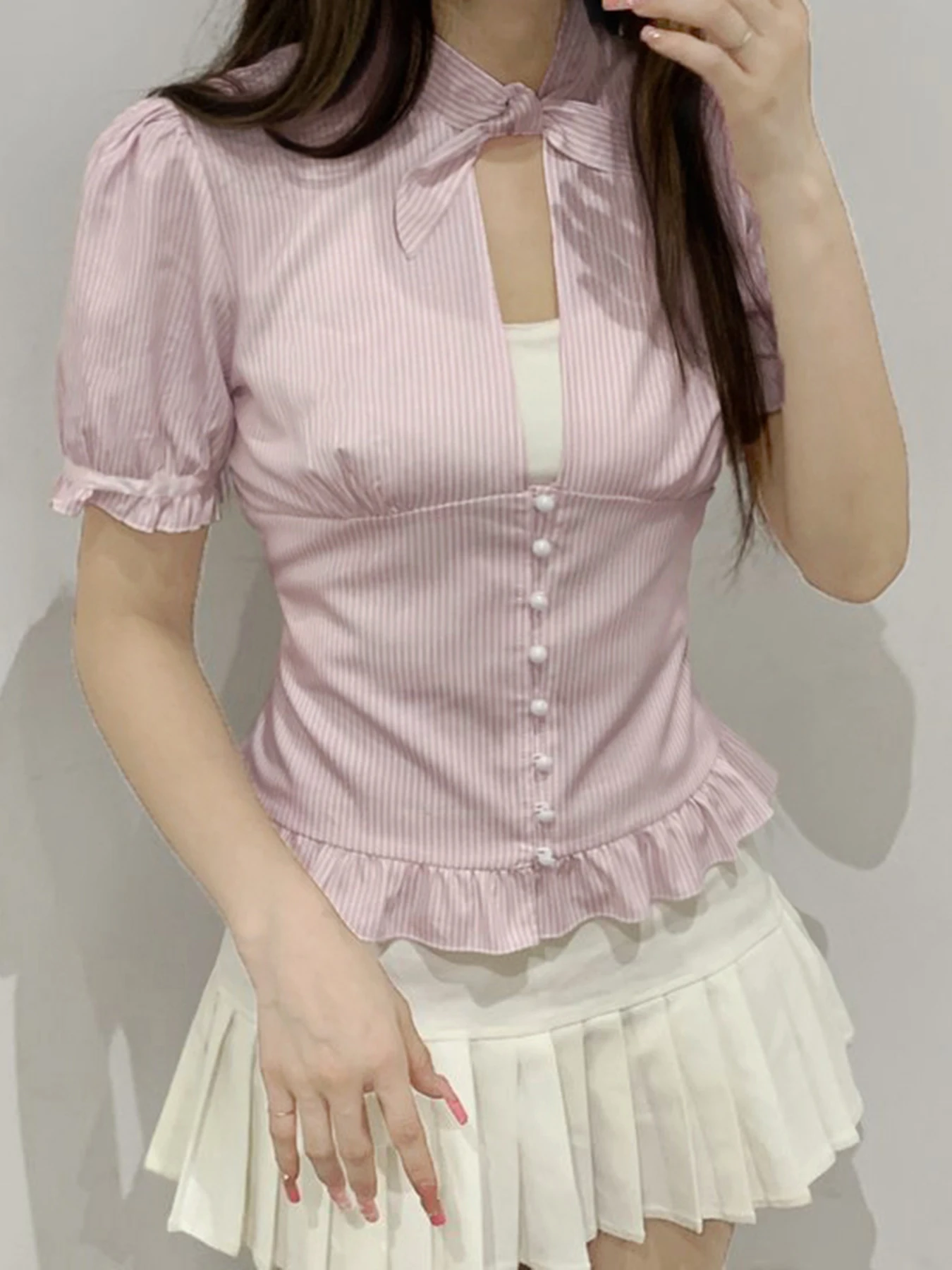 Rockmoer Sweet Cute Striped Tie-up Cutout Shirts y2k Coquette Korean Ruffles Short Sleeve Tee Shirt Casual Button Up Tops Women