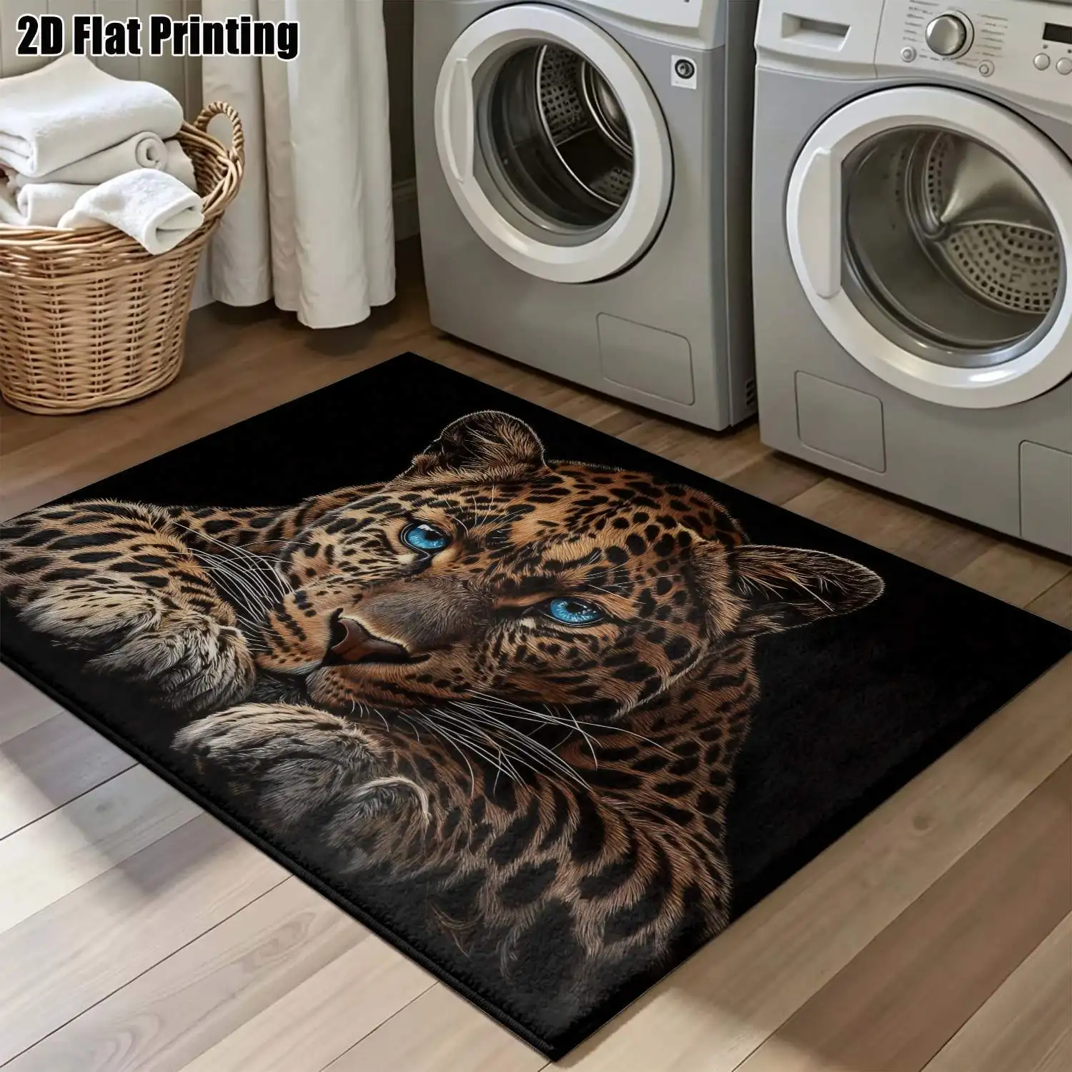 1Pc 2D Printed Black Background Blue-Eyed Leopard Pattern Carpet Nordic/Instagram/Modern Minimalist/European/Vintage Style, Machine Washable, Multi-Size, Ideal for Home Decor, Entryway/Dining Room/Foyer/Living Room/Bedroom.