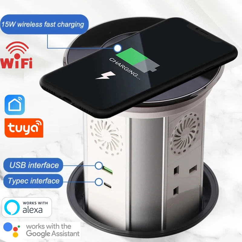 WIFI Tuya Touch Automatic Lifting Pop-up Table Socket Desk IP65 Waterproof Recessed Outlet Bluetooth Speaker Wireless Charger