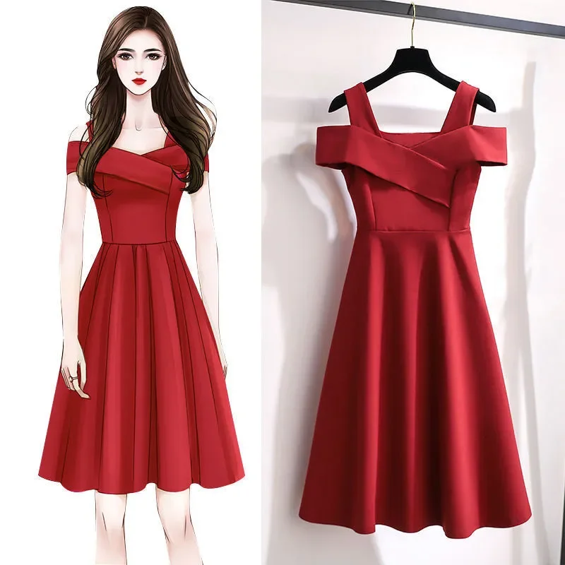 2024 New Slim Pure Color Dress French Style Graceful Sweet Slash Neck Dresses Girls Fashion Joker Date Skirt