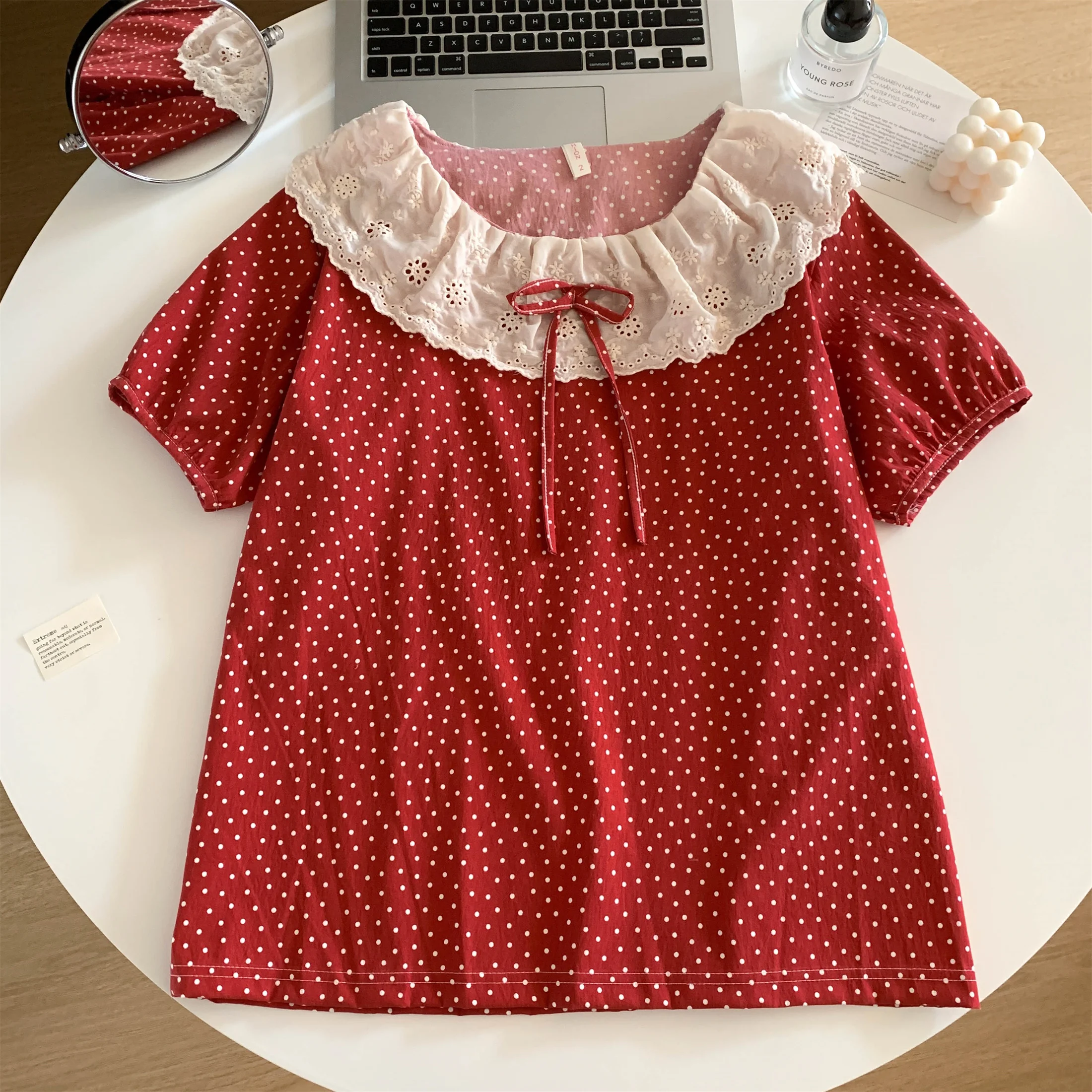Lace Round Lapel Short Sleeve Women Pajamas Set Summer Red Polka Dot Nightwear Pants Cloud Cotton Female 3 Piece Pyjamas Suit
