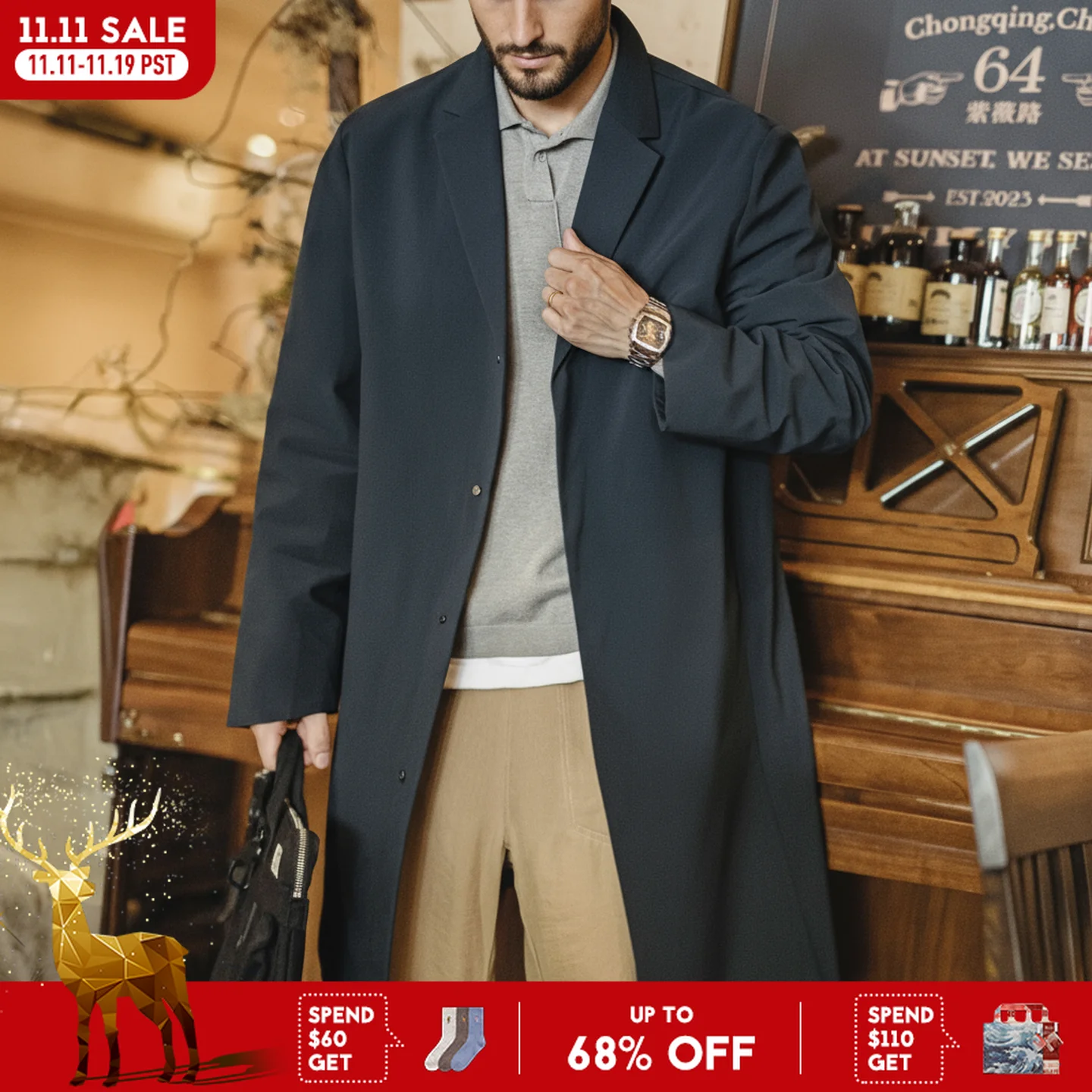 

Maden Men's Vintage Commuter Trench Coat Mid-Length Water-Repellent Overcoat Blue Lapel Back Vent Windbreak for Spring Fall