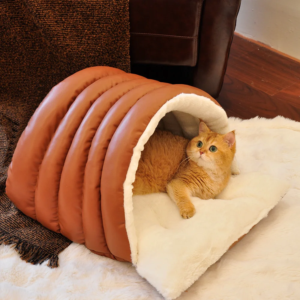 

2025 New Durable Leather Cat Small Dog Bed Winter Warm Semi-Closed Pet Nest