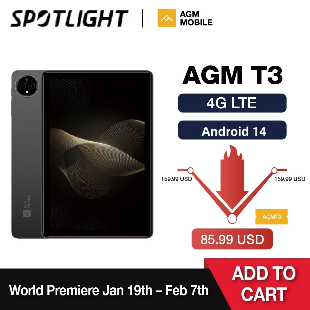 World Premiere AGM Pad T3 Tablet 10.1'' FHD Display Octa Core Dual 4G LET GPS Widevine L1 8GB+64GB 6000mAh Battery Android 14