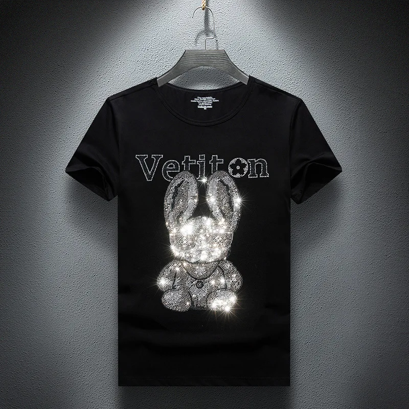 Cartoon Rabbit Letter Rhinestones T Shirt Men Summer Tops Fashion Streetwear Short Sleeve O Neck Slim T-shirts Man Plus Size 7XL