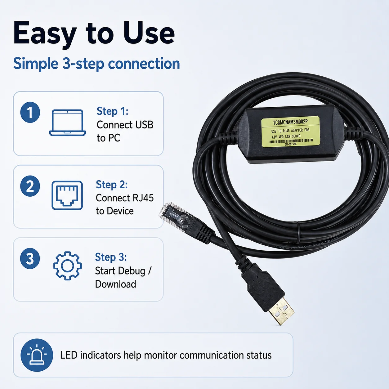 TCSMCNAM3M002P 3M Industrial Programming Cable, USB to RJ45 Data Download Lead for Schneider ATV Inverter and LXM Servo